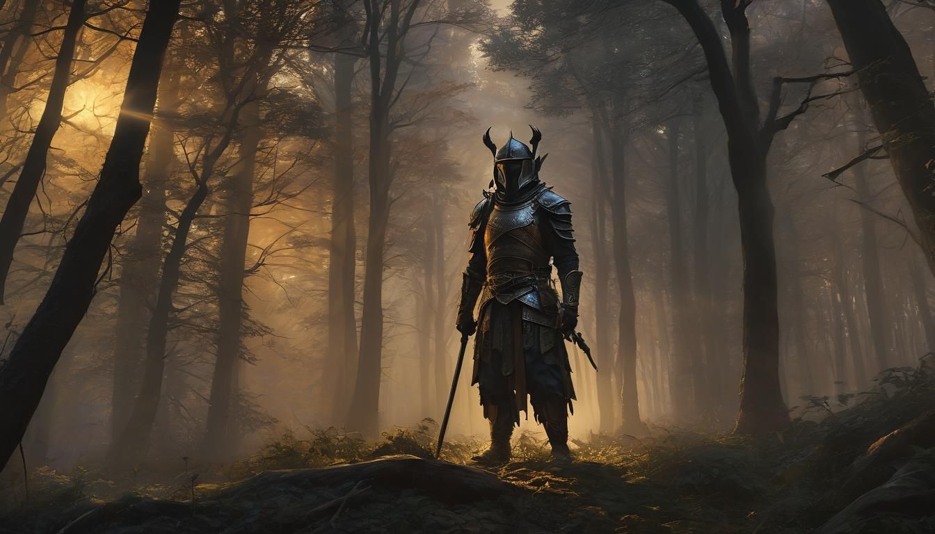 Mystical Forest Warrior in Golden Hour: Surreal Oil Painting