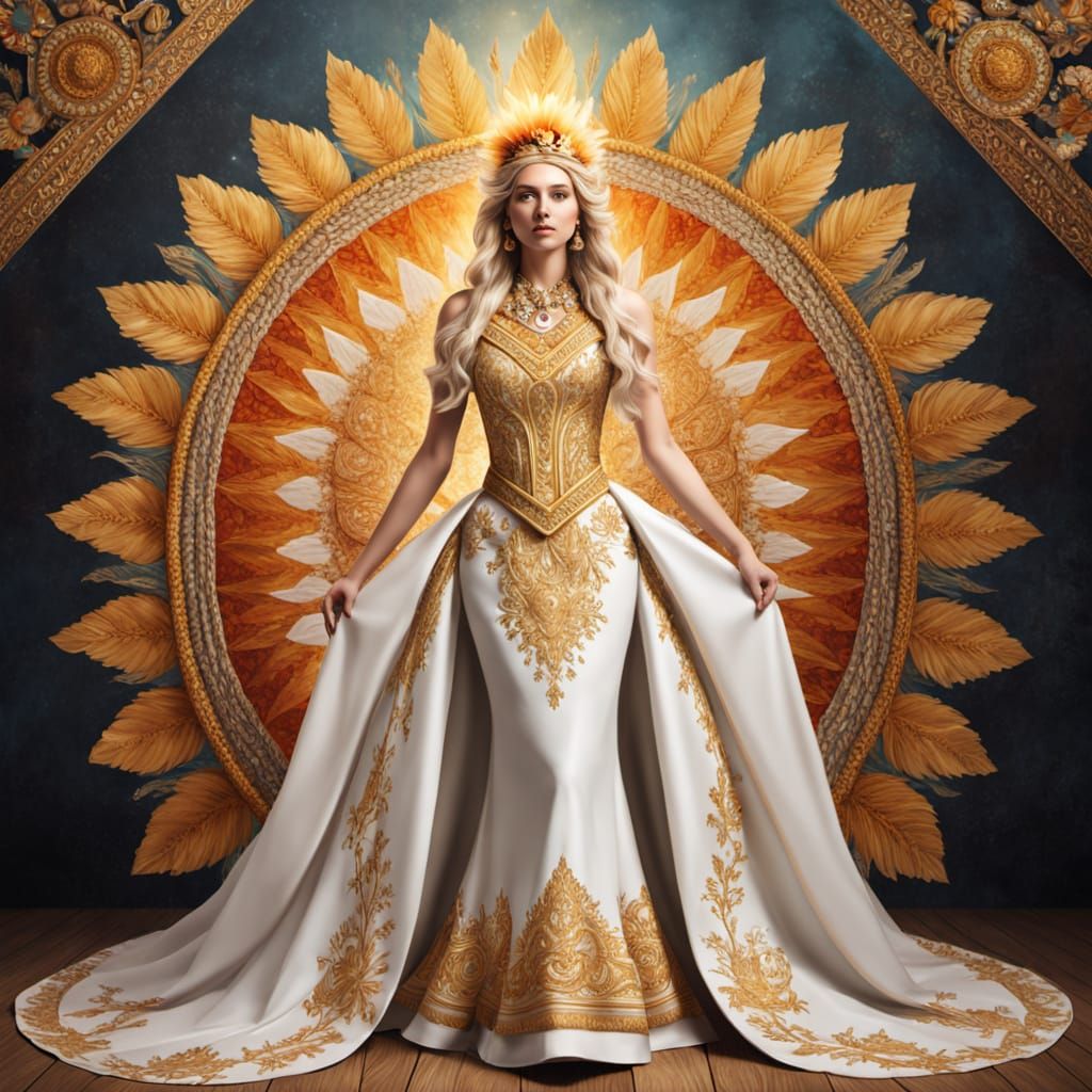 Regal Aztec Queen Wedding Gown in Vibrant Digital Art