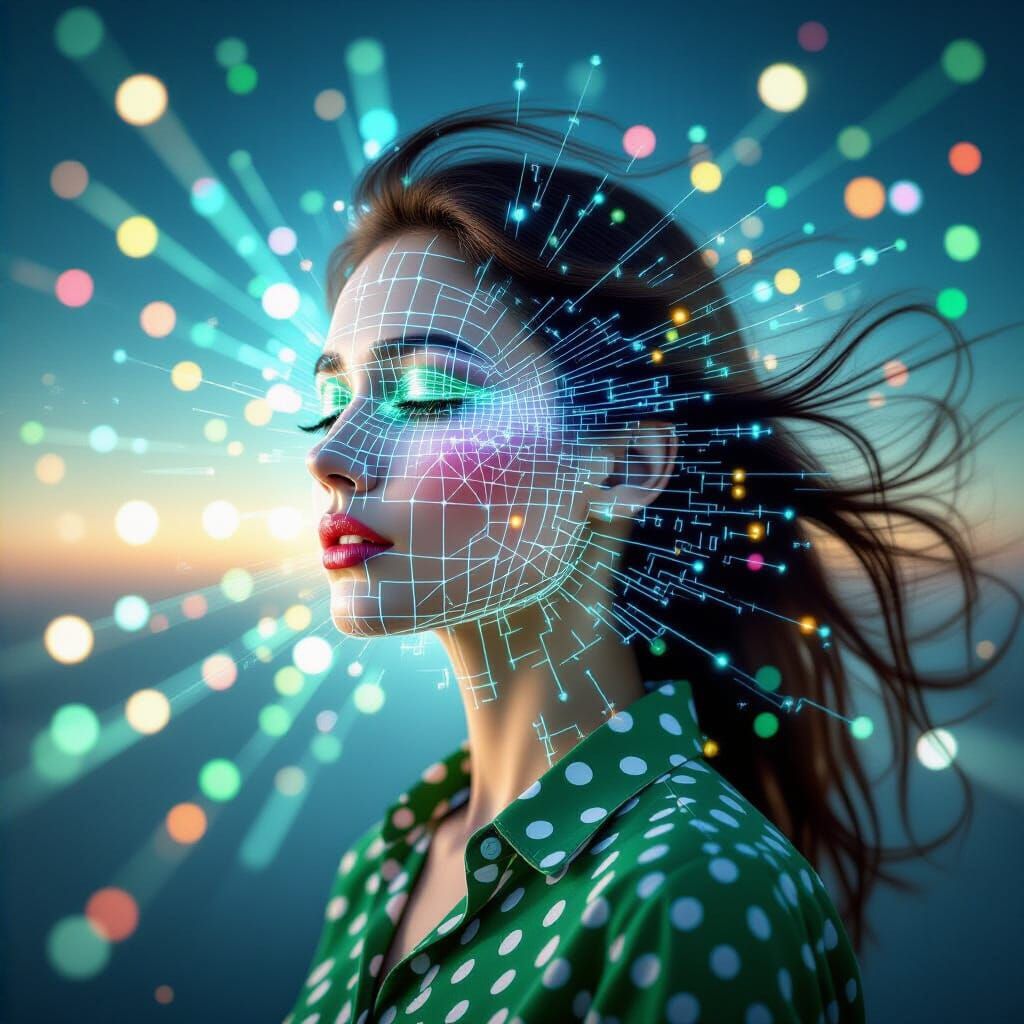 Fractured Cyberspace Woman with Polka Dots