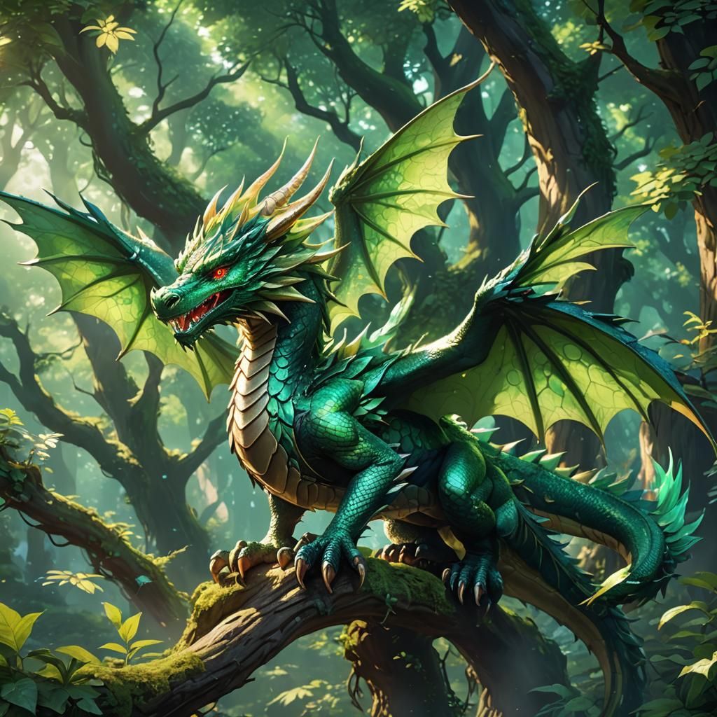 Green Dragon in Forest, Detailed Anime Art