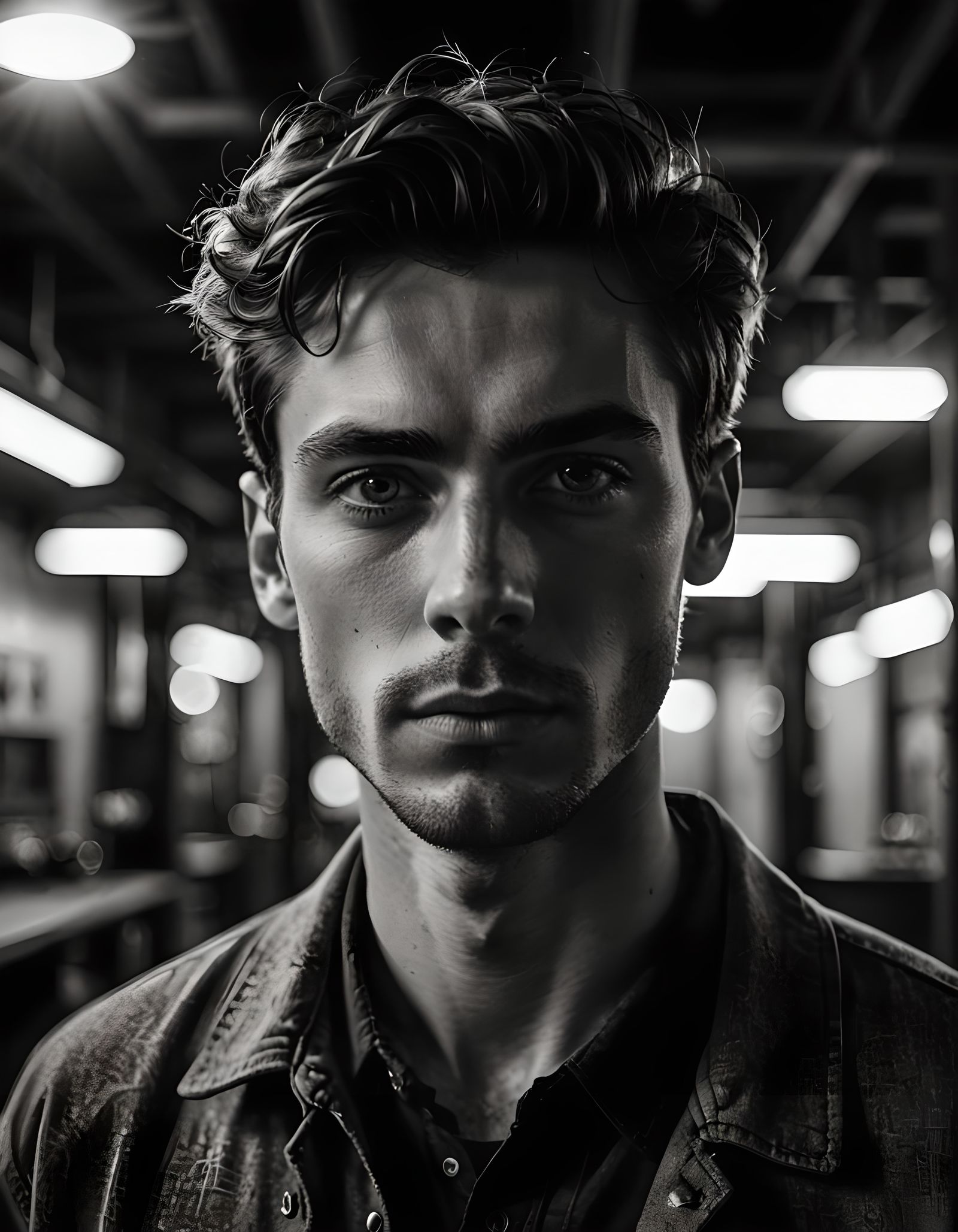 Dramatic Portrait with Industrial Lighting in Black and Whit...