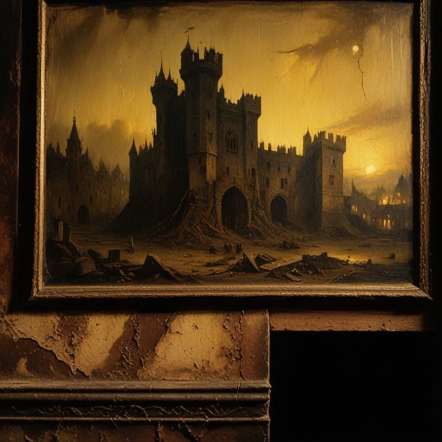 Haunting Gothic Castle in Warm, Muted Oil Paint