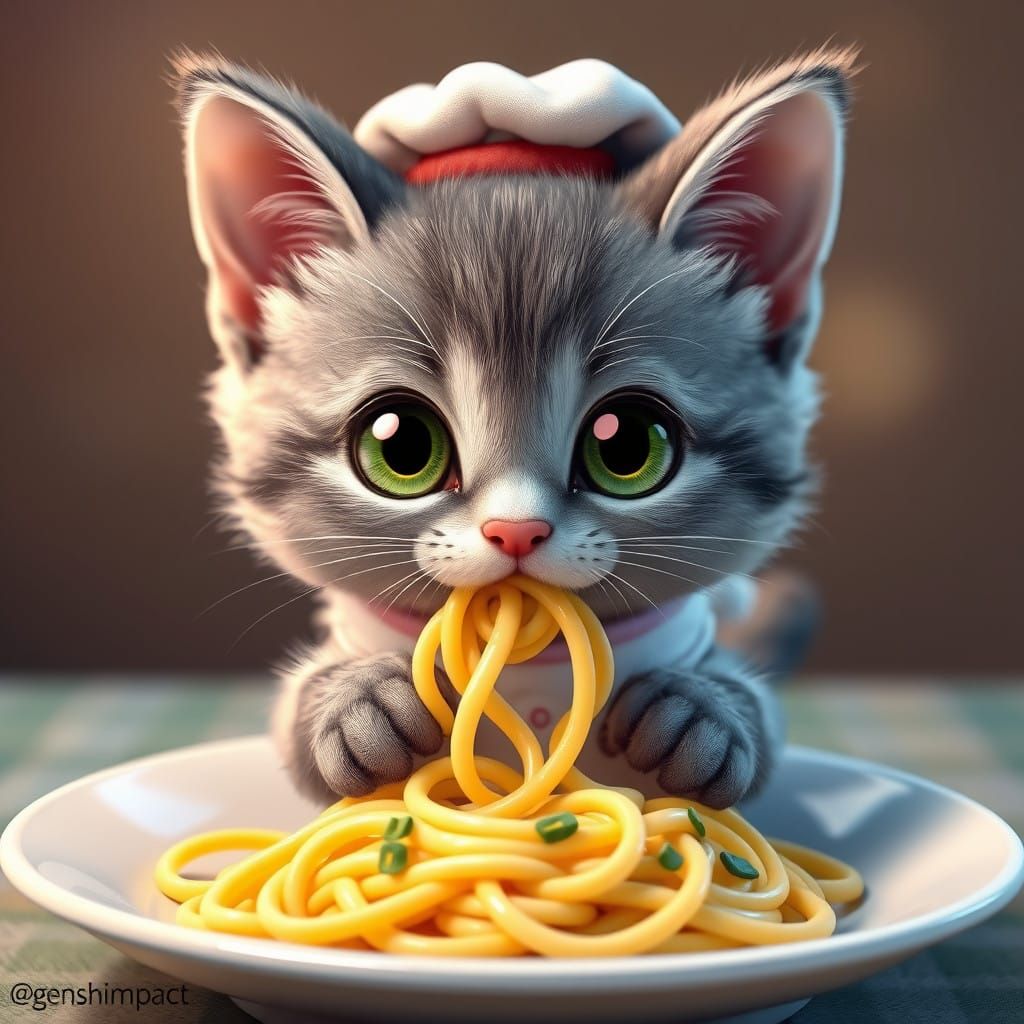 Whimsical Kitten Devours Alfredo Pasta in 3D Anime Art