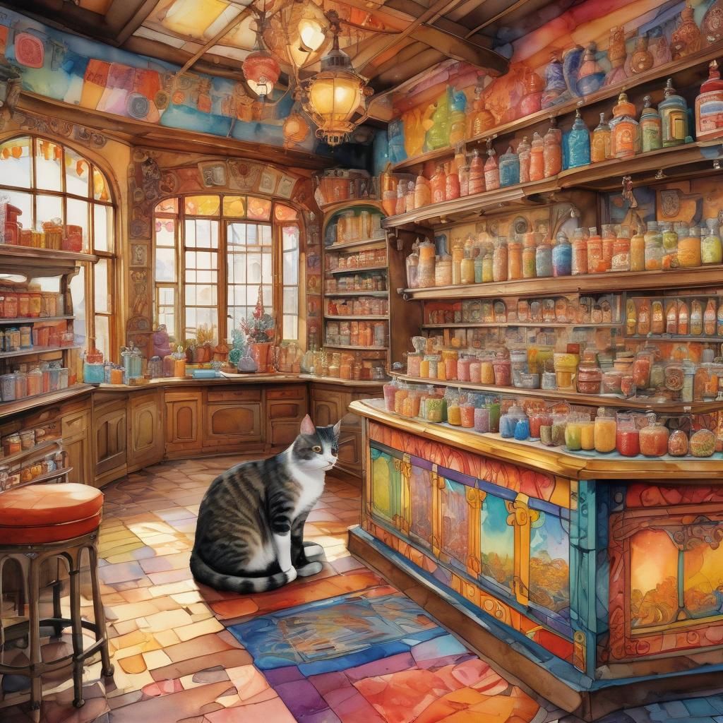Whimsical Watercolor Candy Shop with Cat