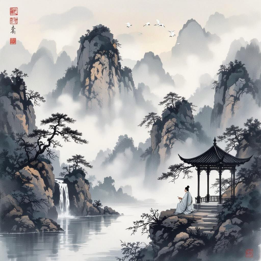 Misty Mountains Ink Painting with Scholar