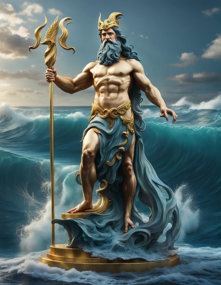 Majestic Poseidon Sculpture in Gold and Blue