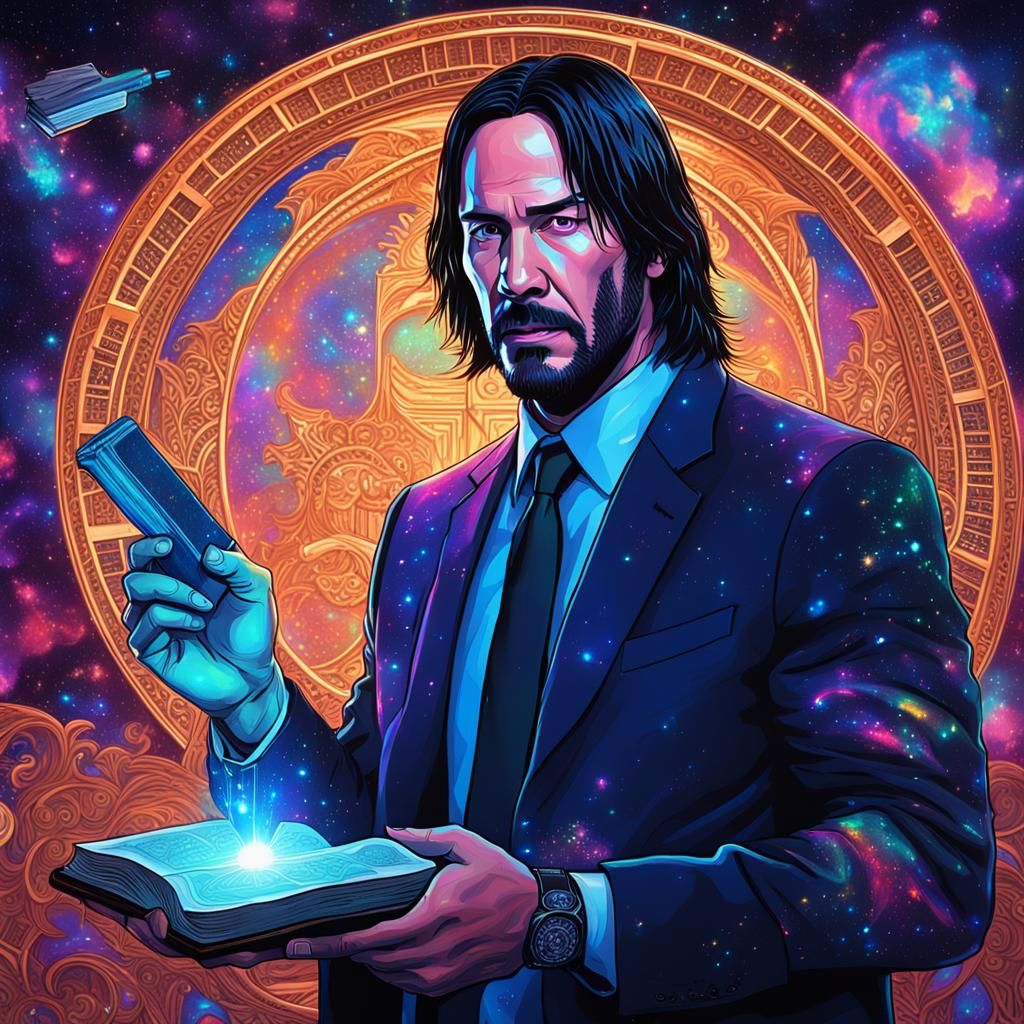 John Wick with Bible and Glock: Cosmic Illustration