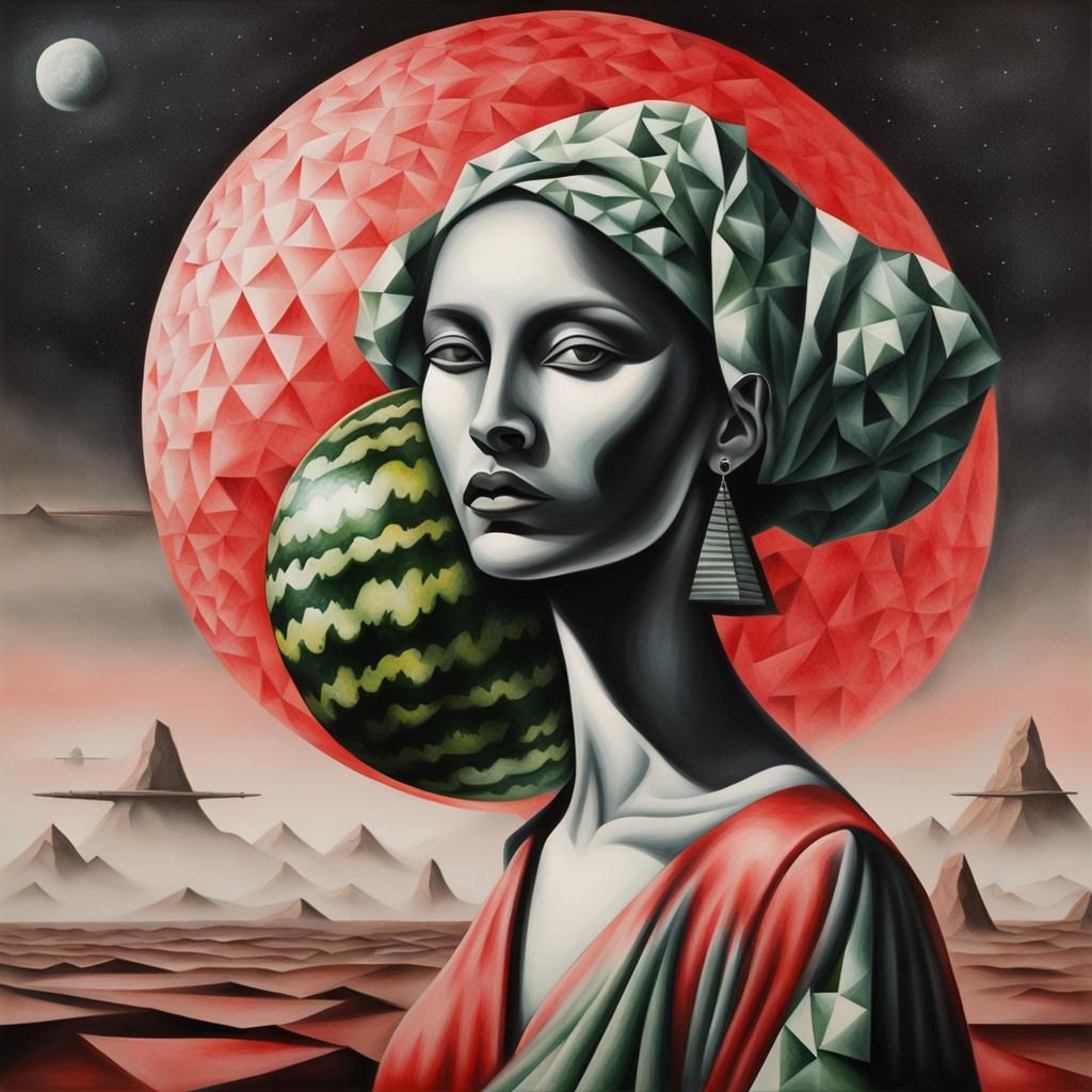 Woman with Watermelon in Neo-Primitivism Airbrush Art
