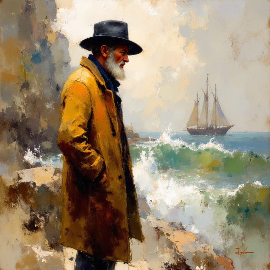 Yorkshire Fisherman in Stormy Seas, Turner & Wyeth Style