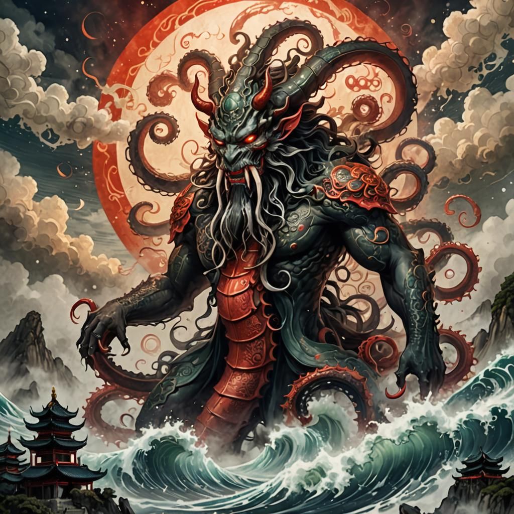 Fearsome Tentacle Demon in Chinese Ink Painting Style
