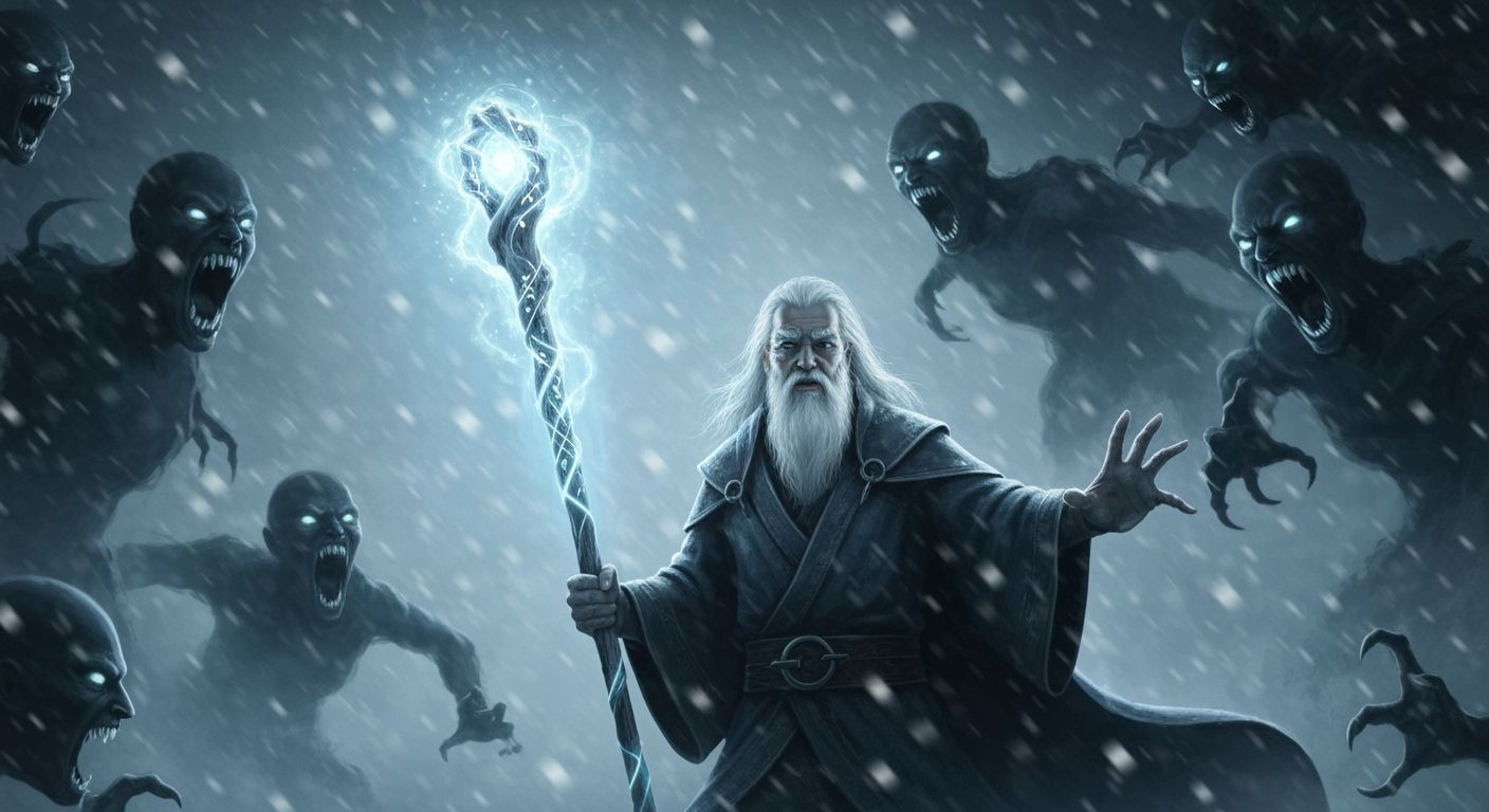 Mage Battles Shadow Creatures in Blinding Snowstorm
