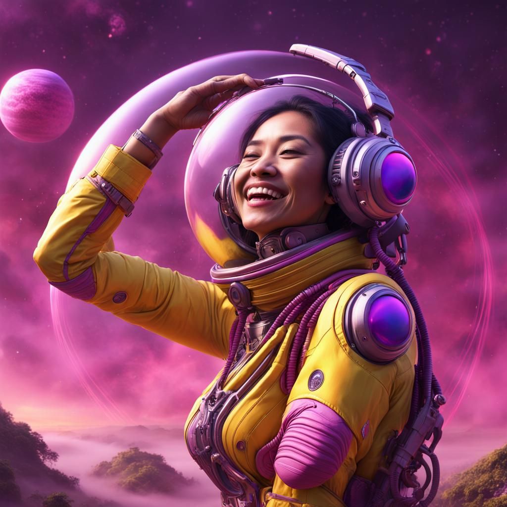 Balinese Woman in Spacesuit Listening to Music