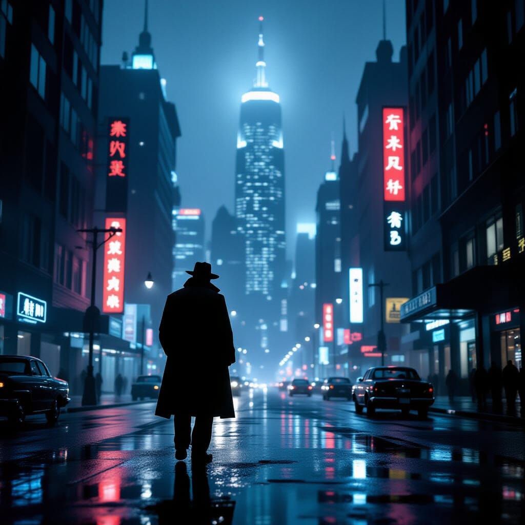 Detective in Futuristic Metropolis at Night