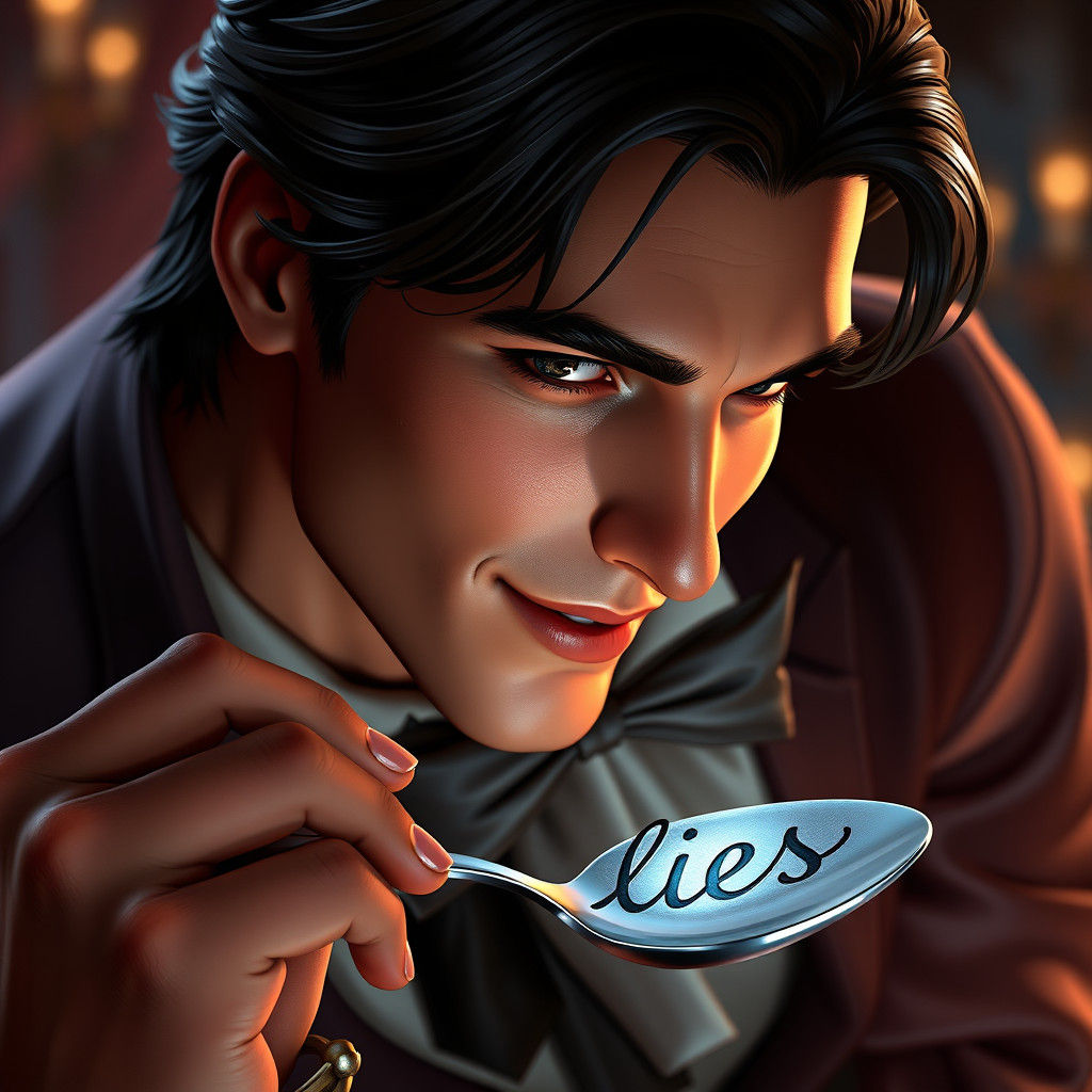 Romantic Man Holding Spoon with Lies, Fantasy Concept Art