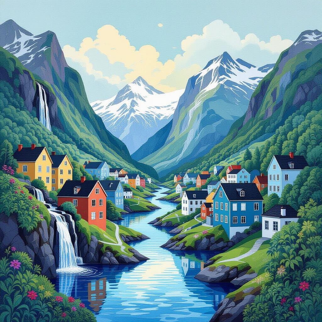 Escher-Inspired Tessellated Landscape with Waterfalls in Gou...