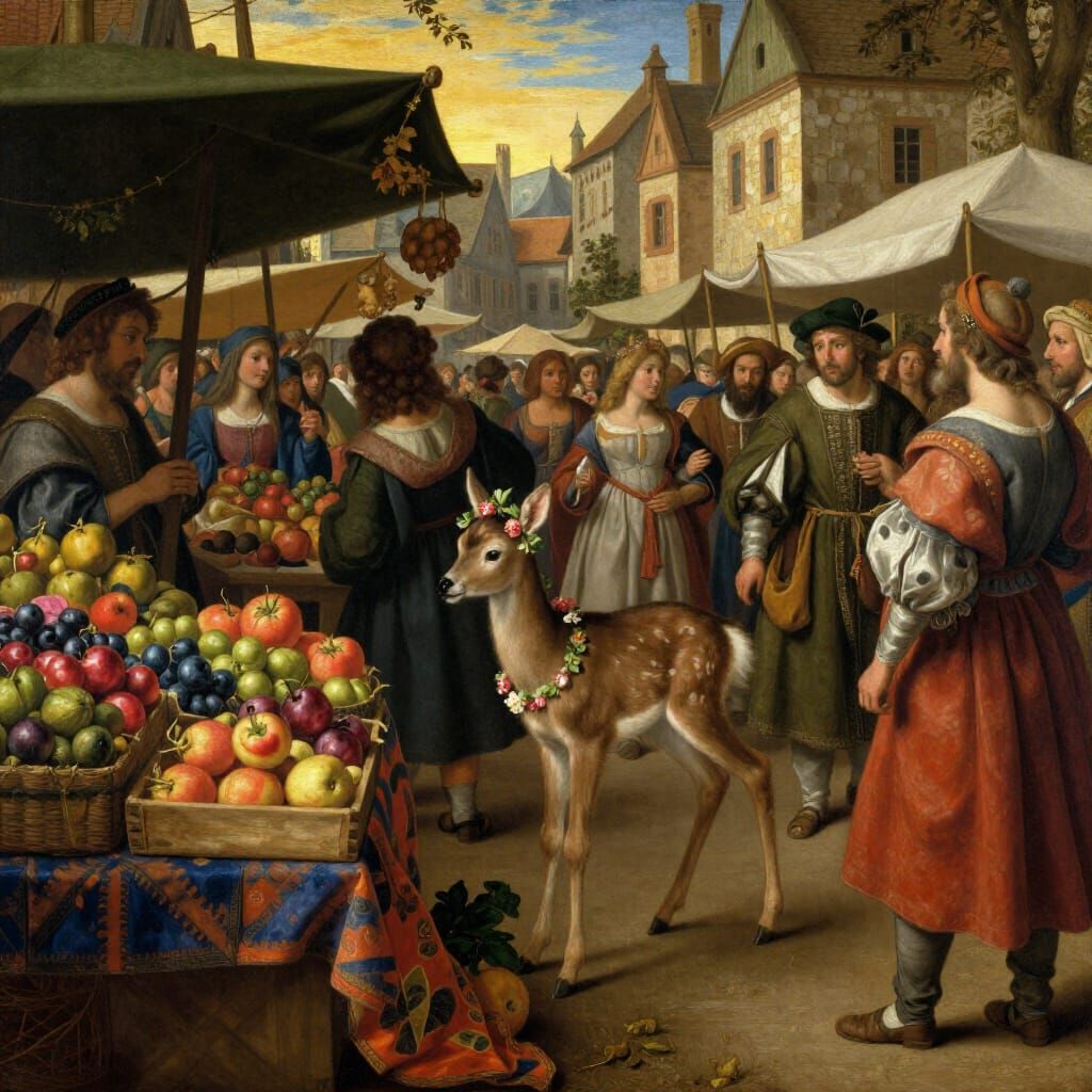 Medieval Market Scene with Fawn in Renaissance Style