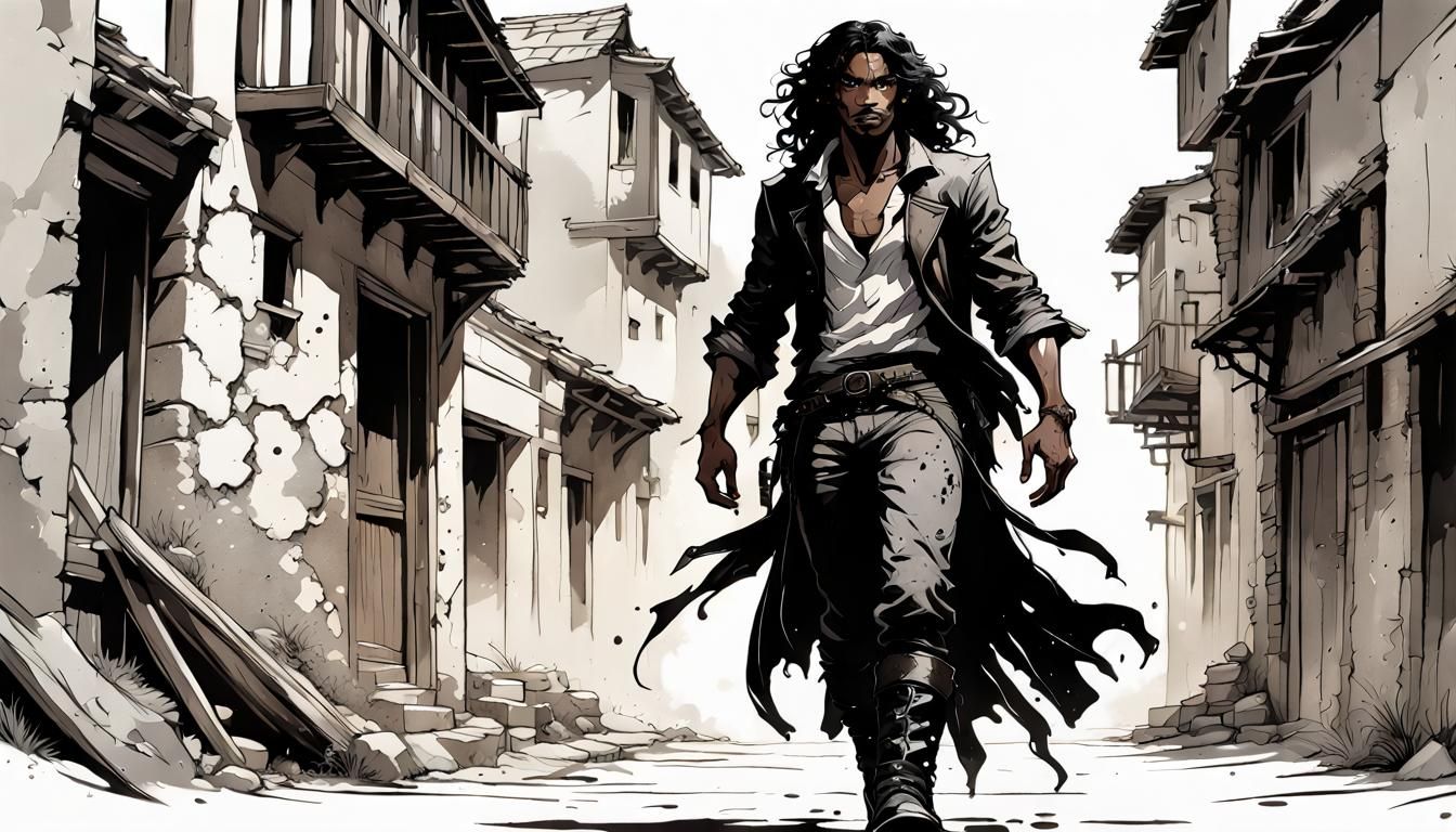 Nubian Rogue in Alleyway: Ink Splatter Art Style