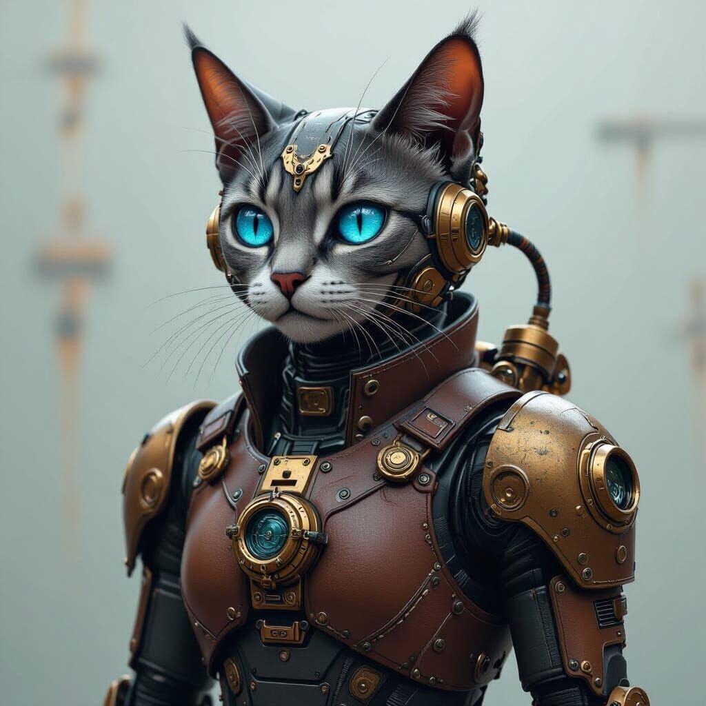 Cyborg Cat with Steampunk Mods and Blue Eyes