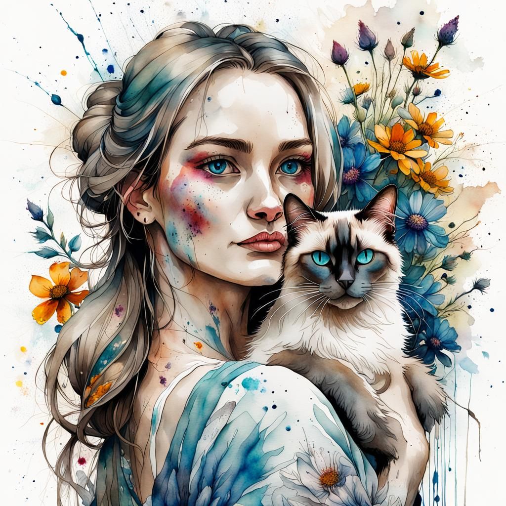 Watercolor Portrait of Lady with Siamese Cat