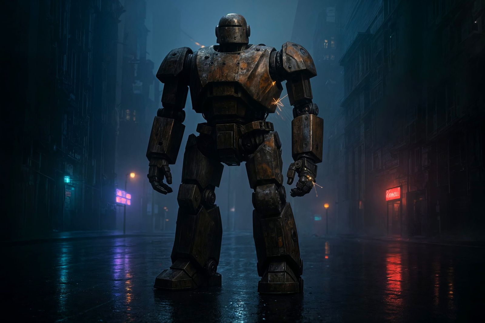 Weathered Robot Sentinel in a Futuristic City