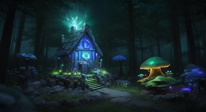 Charming Dwarf in Bioluminescent Mushroom House