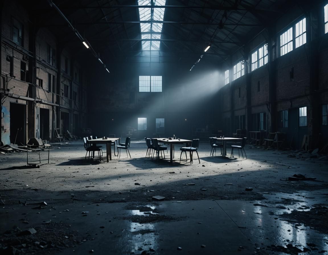 Abandoned Warehouse Film Still with Moody Lighting