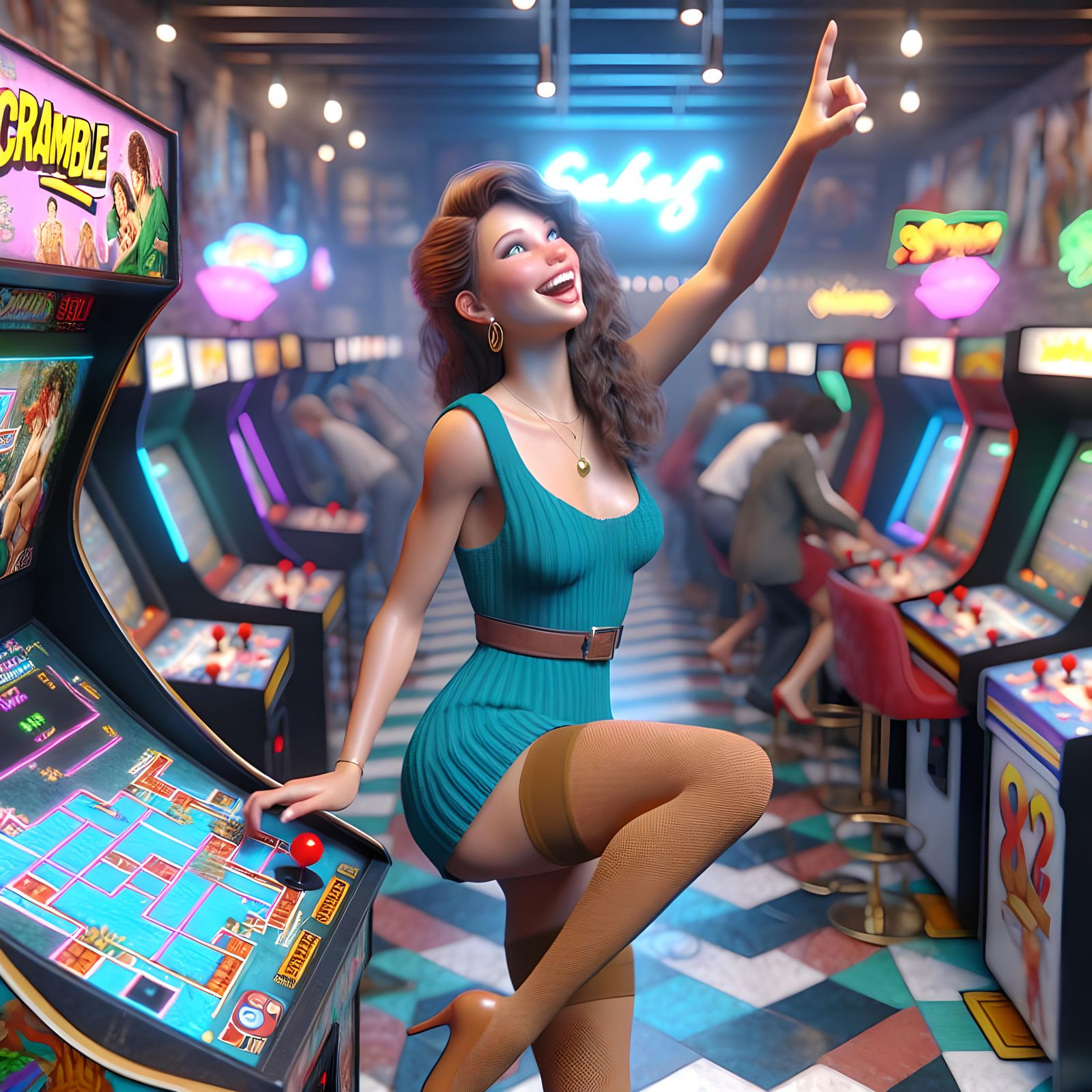 Teenage Girl's Victory Celebration in 1980s Arcade