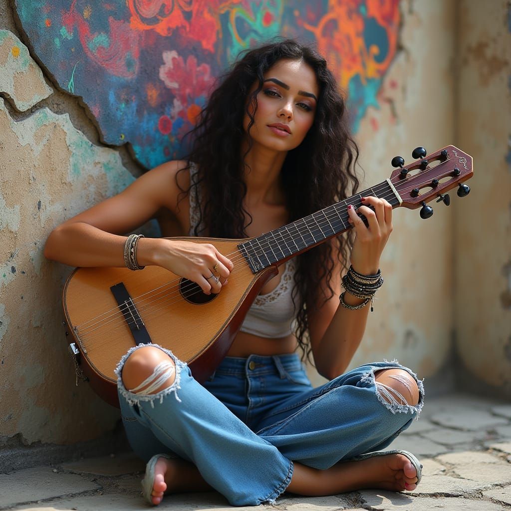 Woman Playing Oud Against Distressed Wall with Abstract Art
