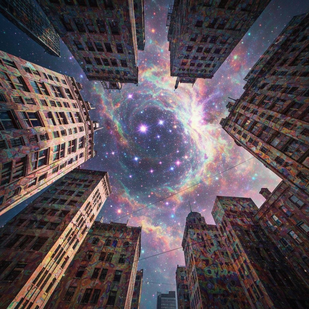 Surreal Cityscape in Vibrant Psychedelic Film Noir Style