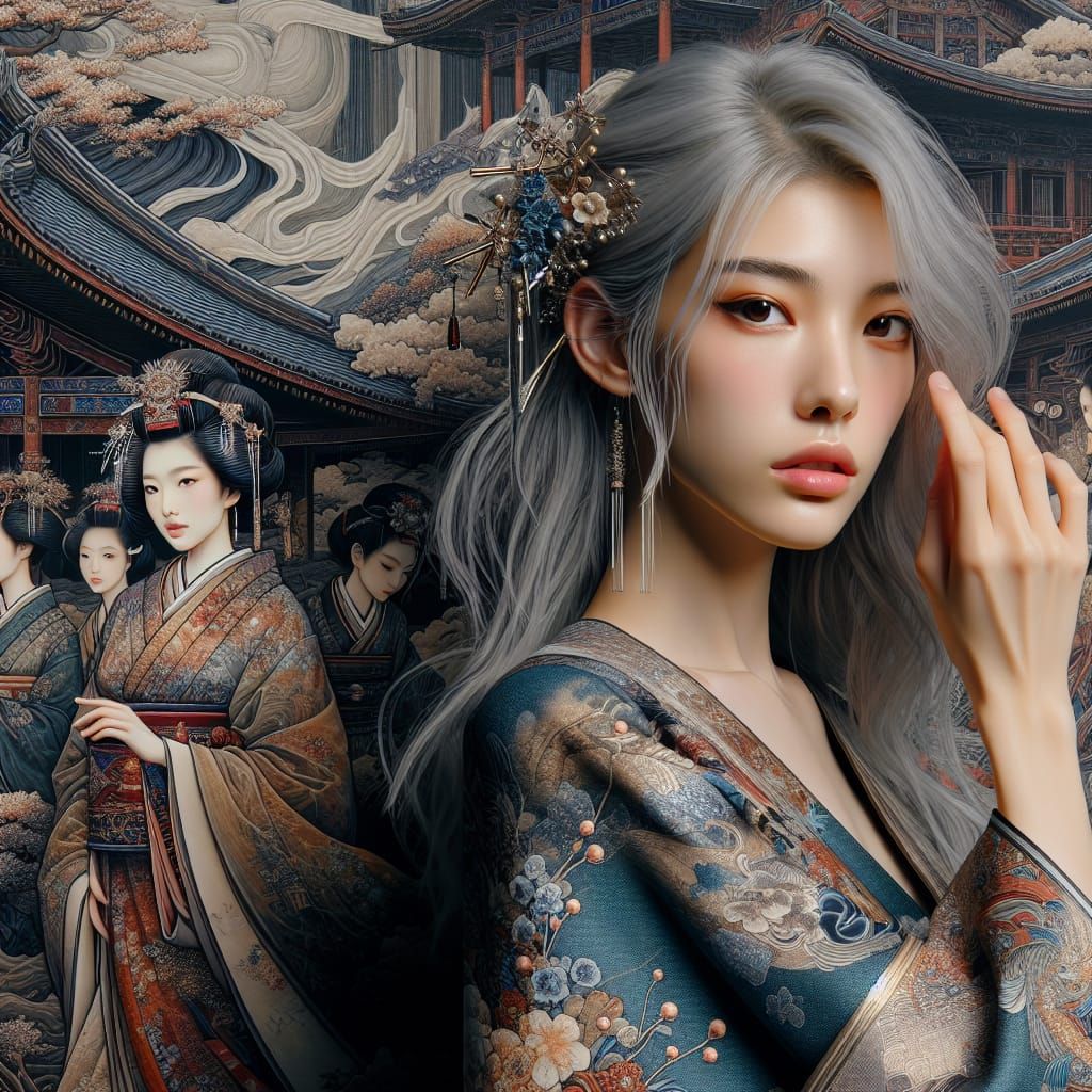 Elegant Silver-Haired Woman in Meiji-Era Concept Art