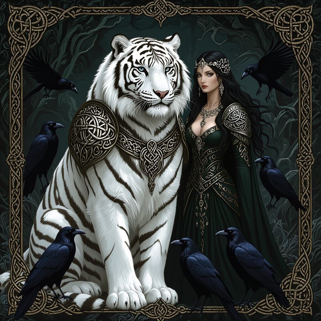 Celtic Armored Tiger with Morrigan in Dark Whimsical Realm