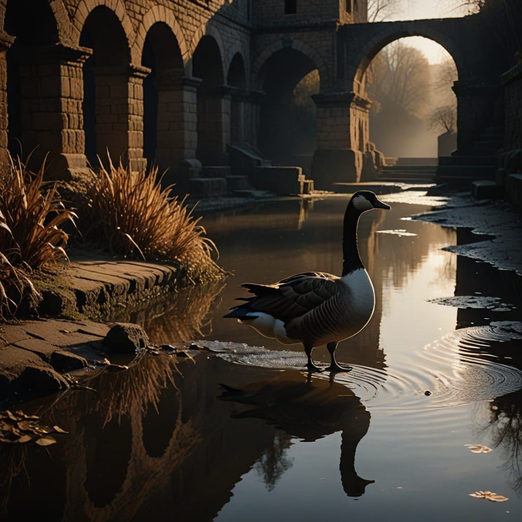 Goose Walking to Aqueduct in Expressionist Style