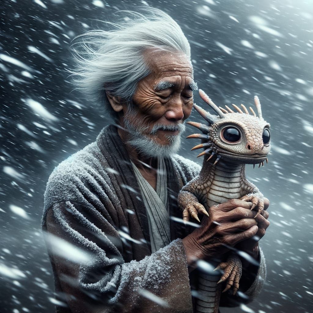 Elderly Man and Dragon Companion in Winter Storm