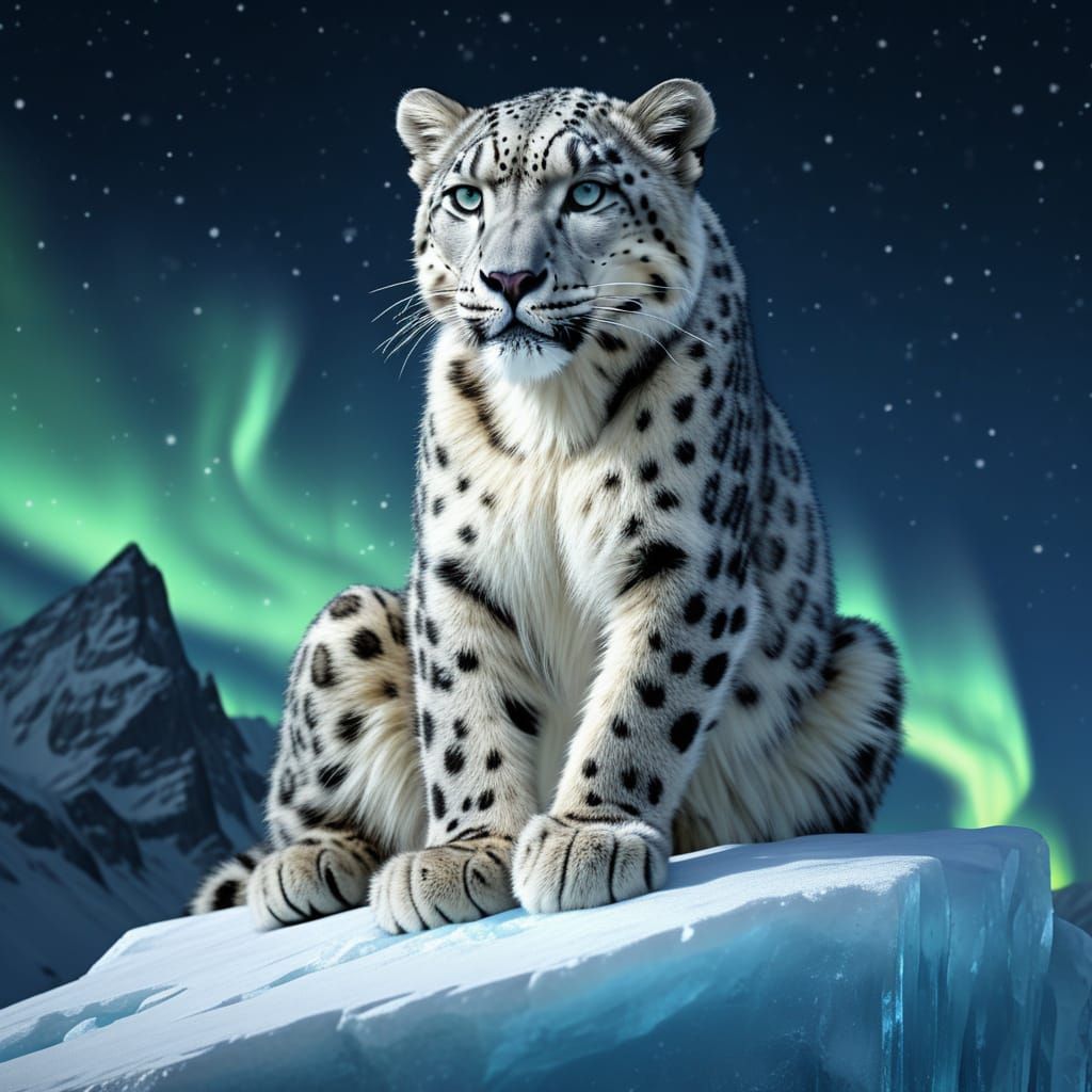 Snow Leopard Gazes at Aurora Borealis