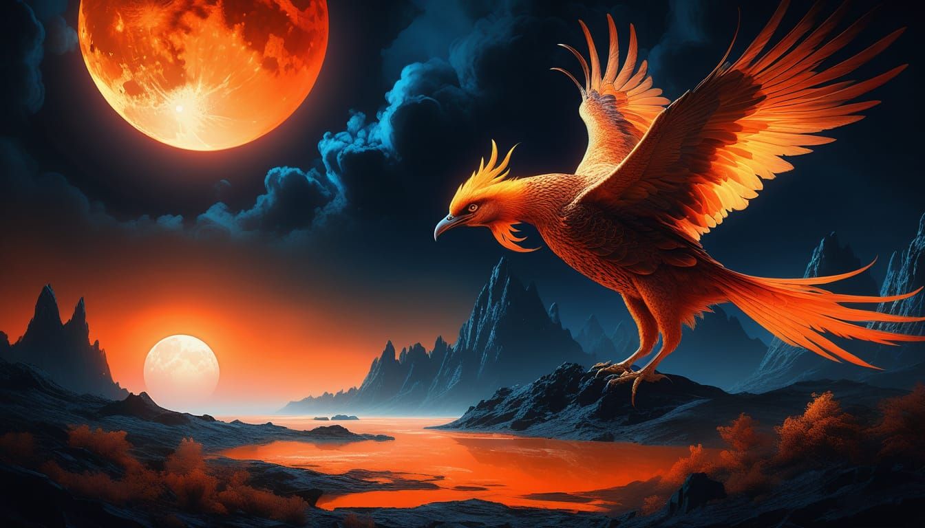 Surrealist Eye Over Two Moons with Phoenix in Oil Painting S...