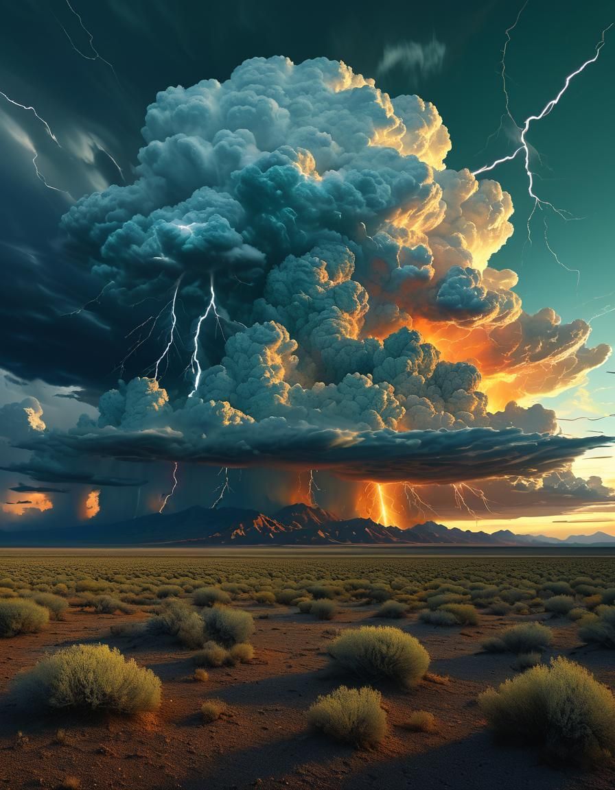 Dramatic Desert Sunset with Lightning, Digital Art