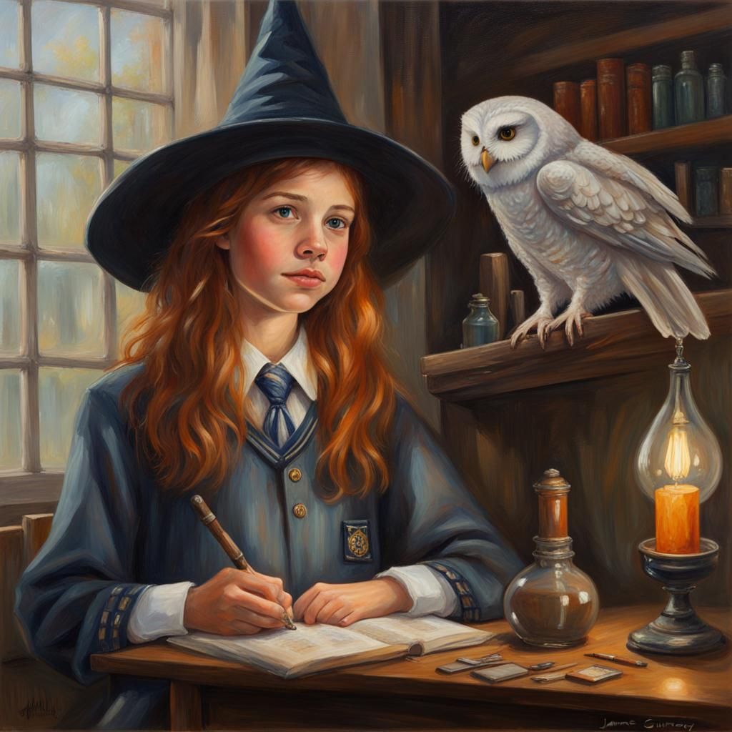 Young Witch Brews Potions, Oil Painting Style