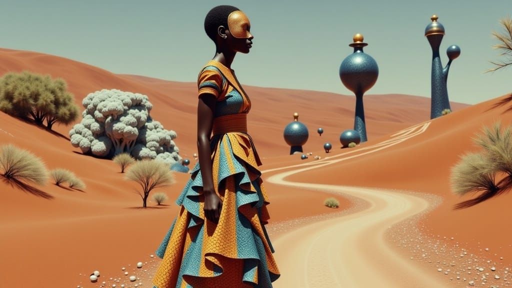 African Woman with Spider Mask in Surreal Desert