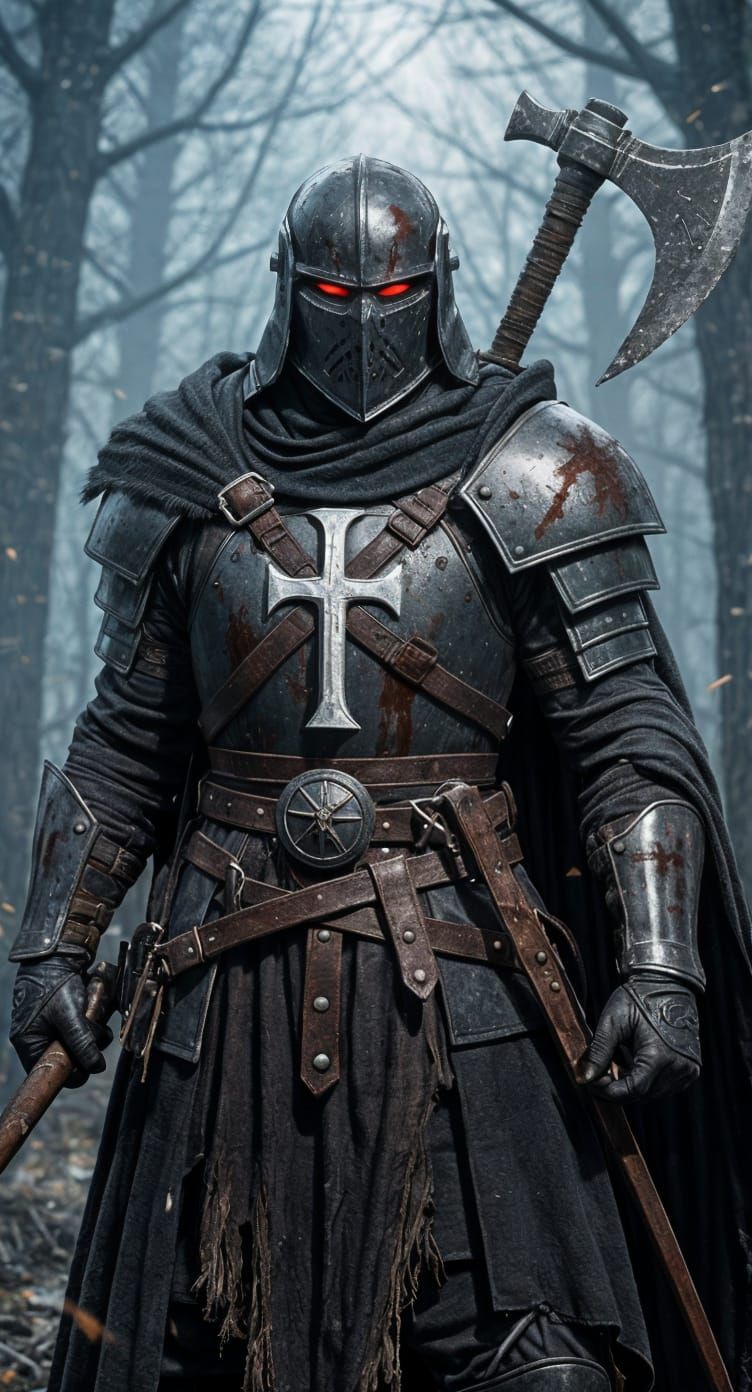 Sinister Crusader in Dark Forest with Glittering Eyes