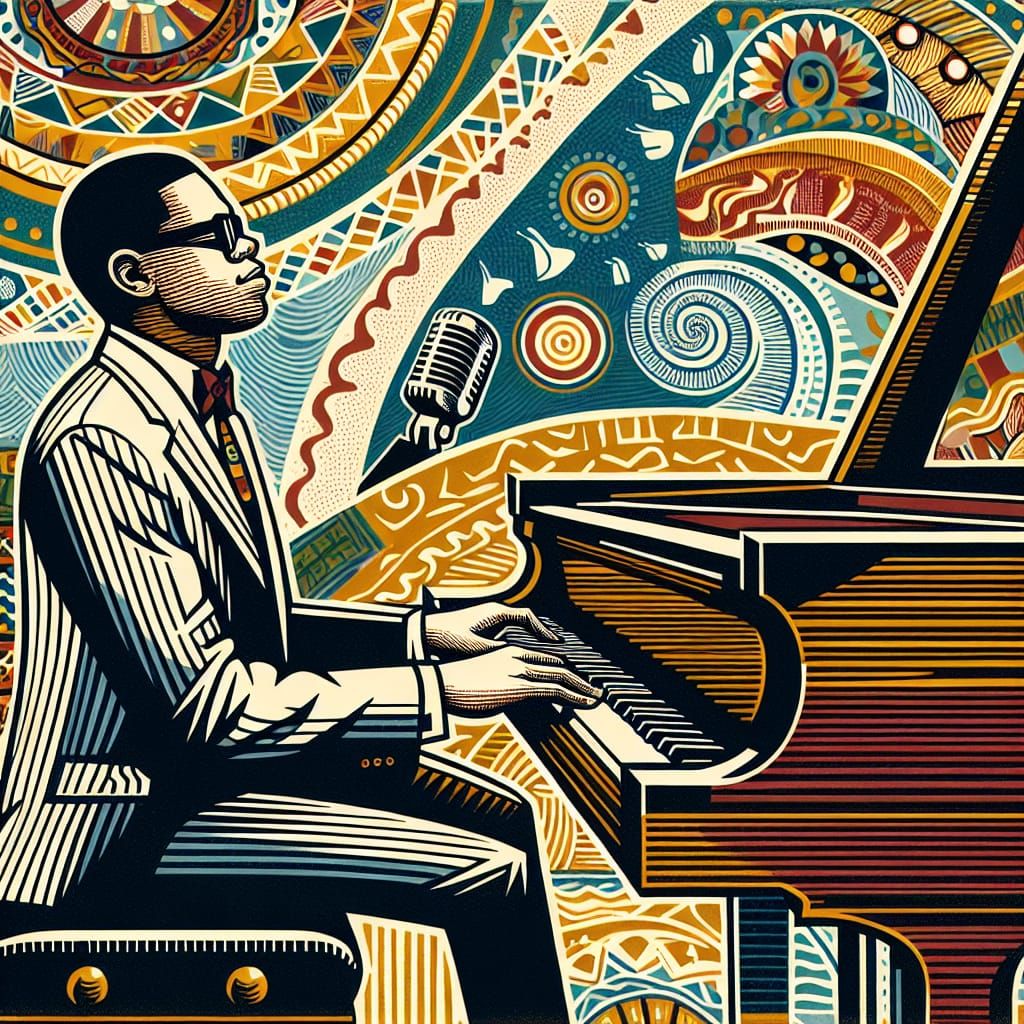 Jazz Pianist Lithograph Inspired by African Art