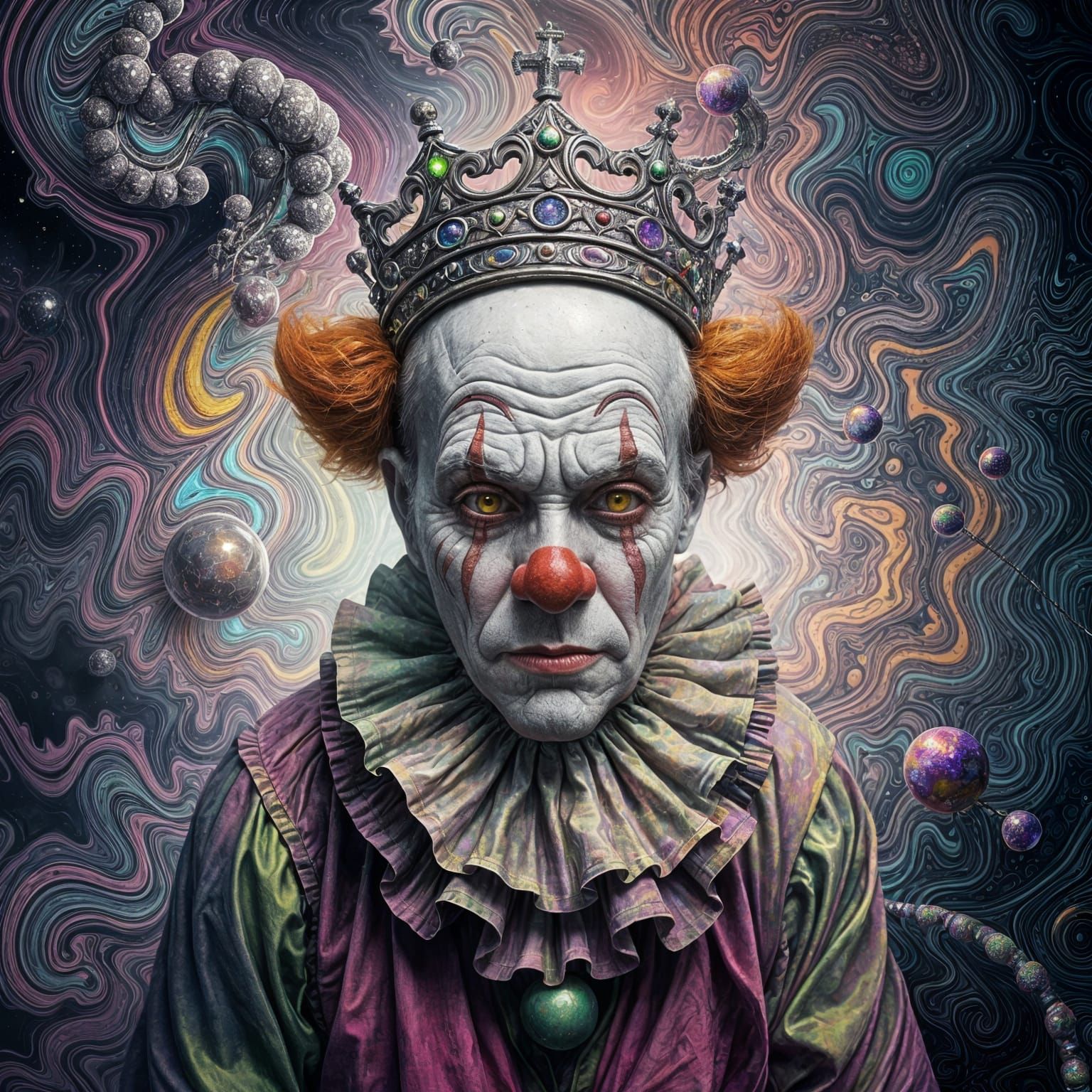Sad Clown with Pewter Crown in Psychedelic Fractal Backgroun...