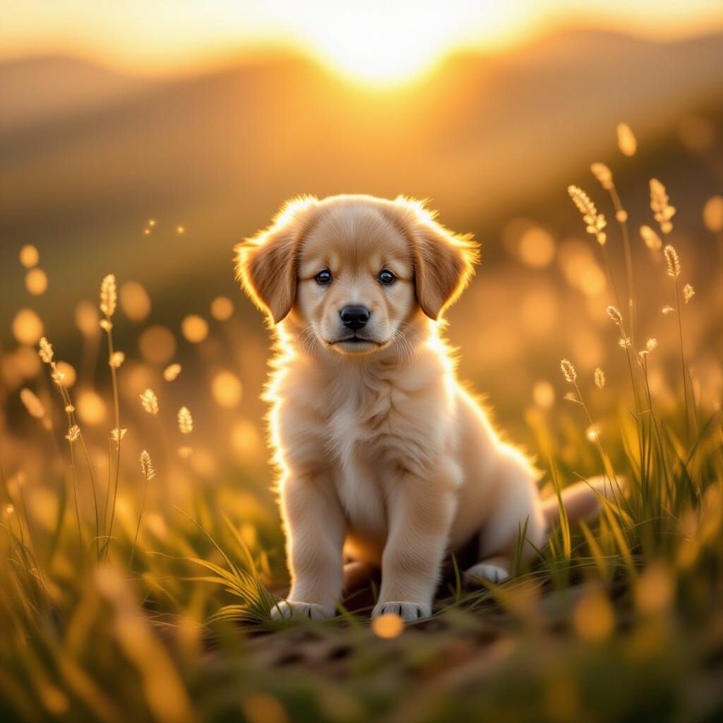 Golden Puppy on Sunlit Hilltop in Luminous Style