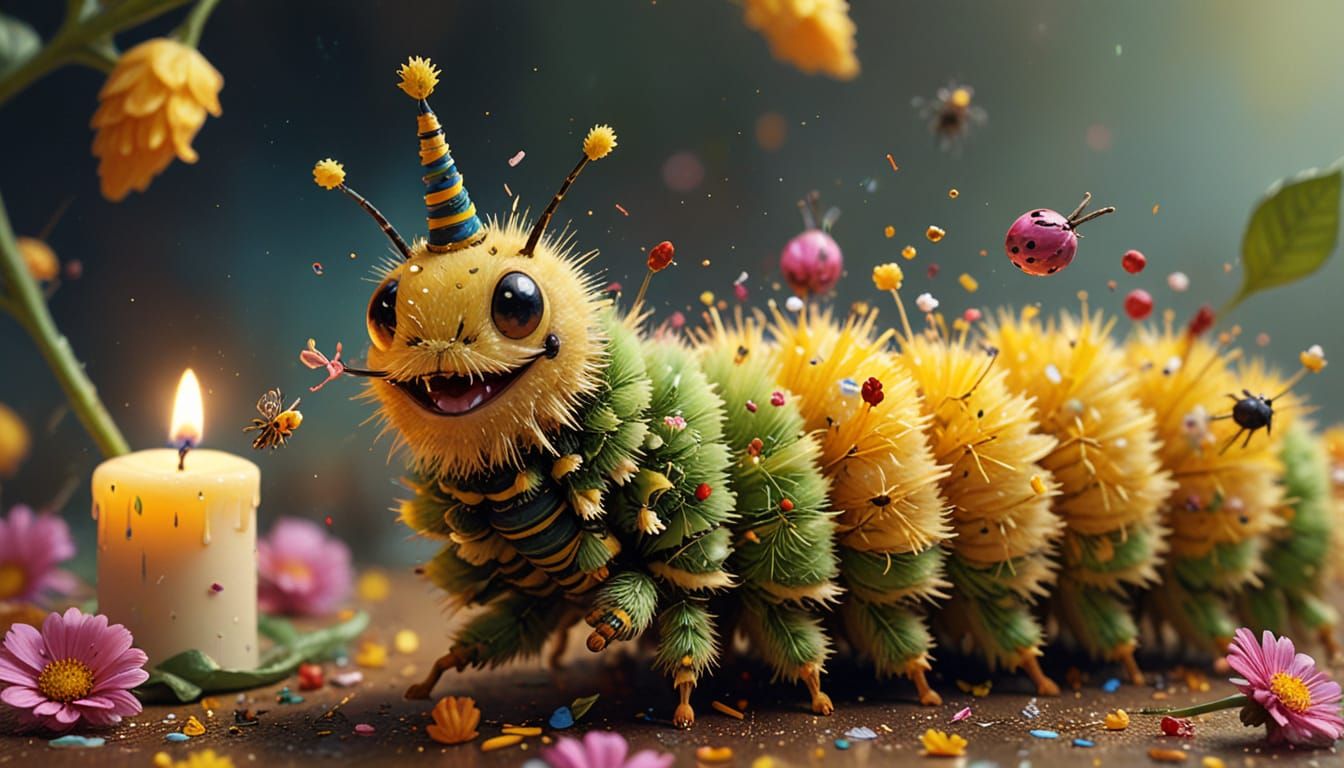 Caterpillar's Birthday Party: Hyperrealistic Digital Art