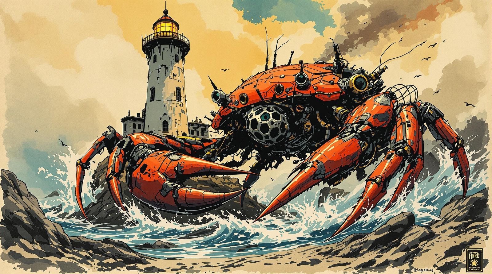 Mechanical Crab Assaults Lighthouse in Ink Painting Style