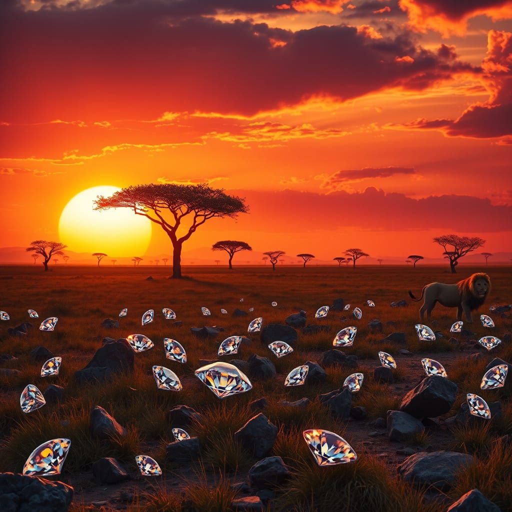 African Savanna Dawn with Diamonds and Lion