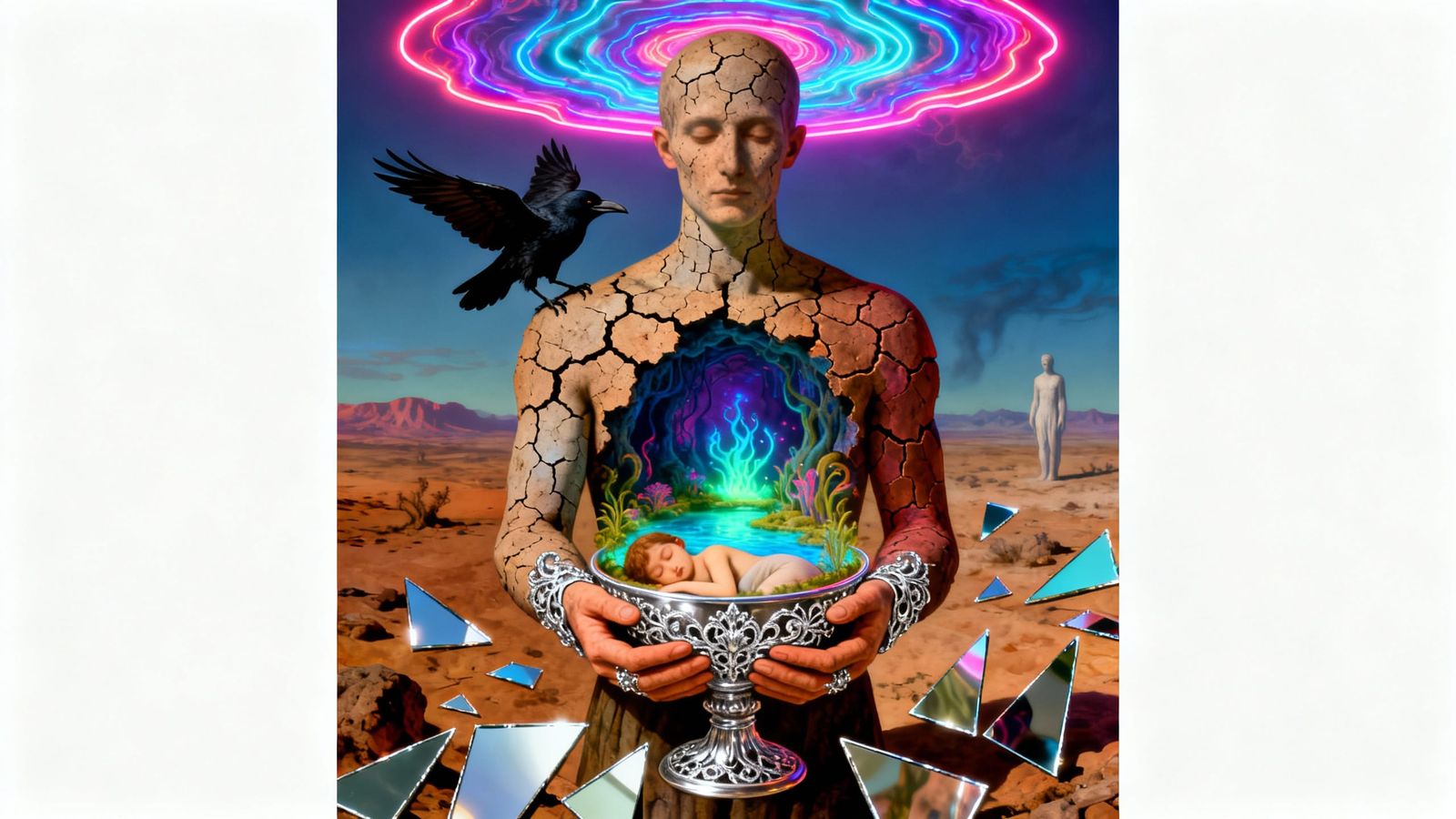 Crow Guides Soul to Underworld Oasis: Surreal Collage Art