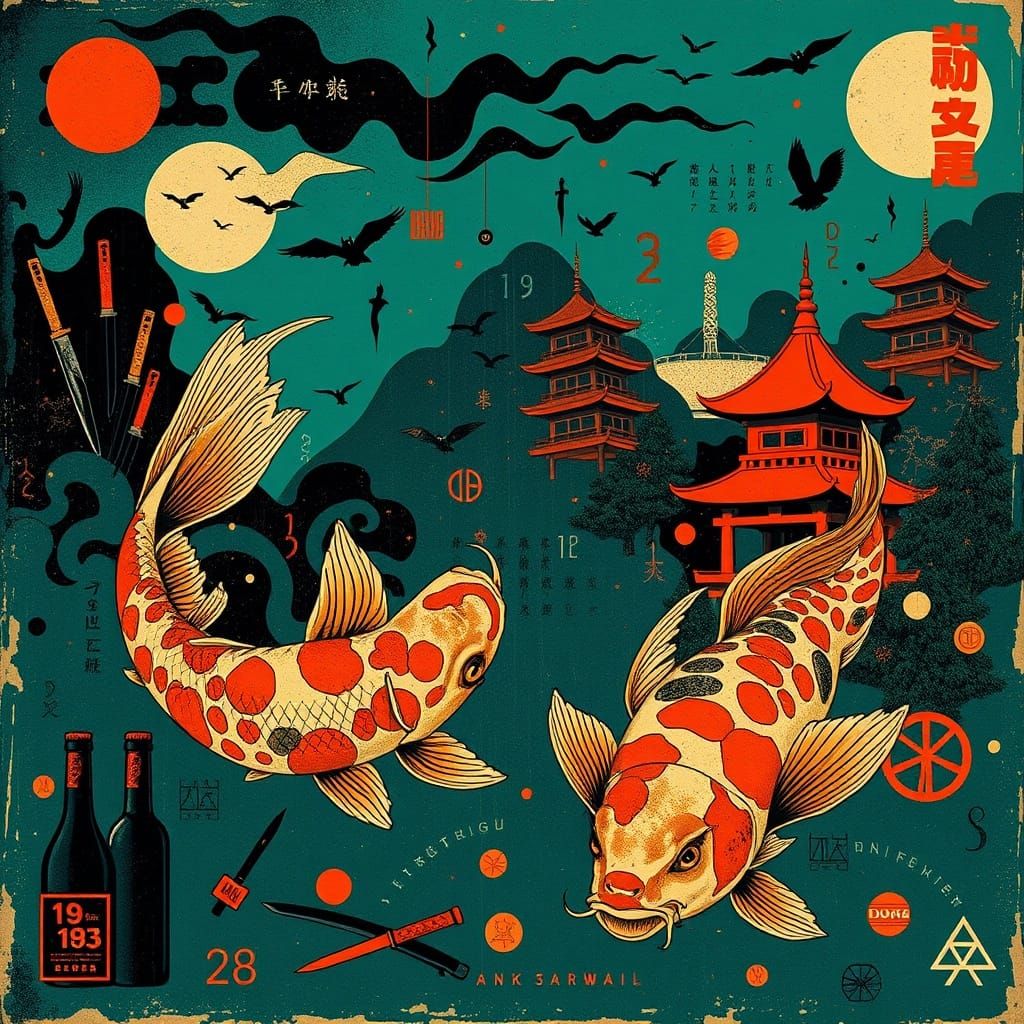 Surreal Noir Japanese Scene with Koi Fish and Collage Elemen...