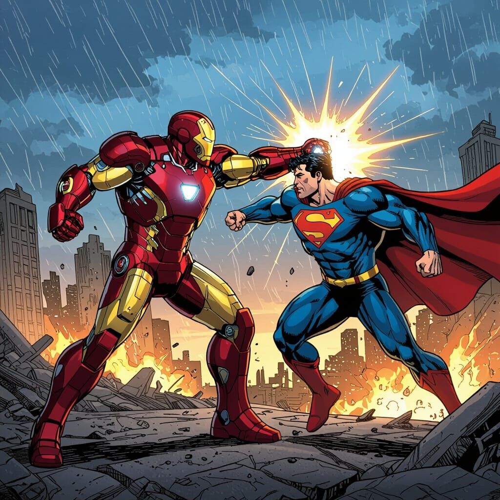 Iron Man Punches Superman in Ruined Cityscape
