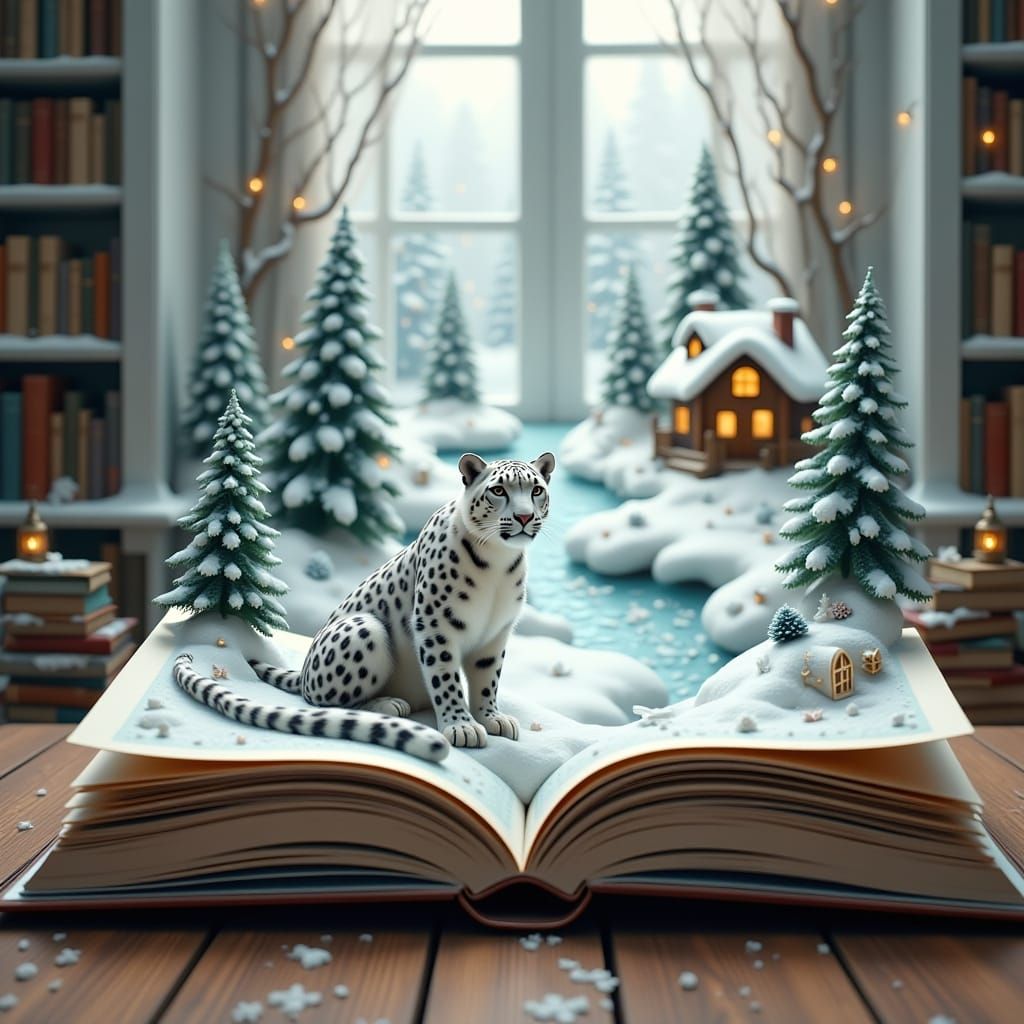 Open Storybook with 3D Pop-Up Snow Leopard