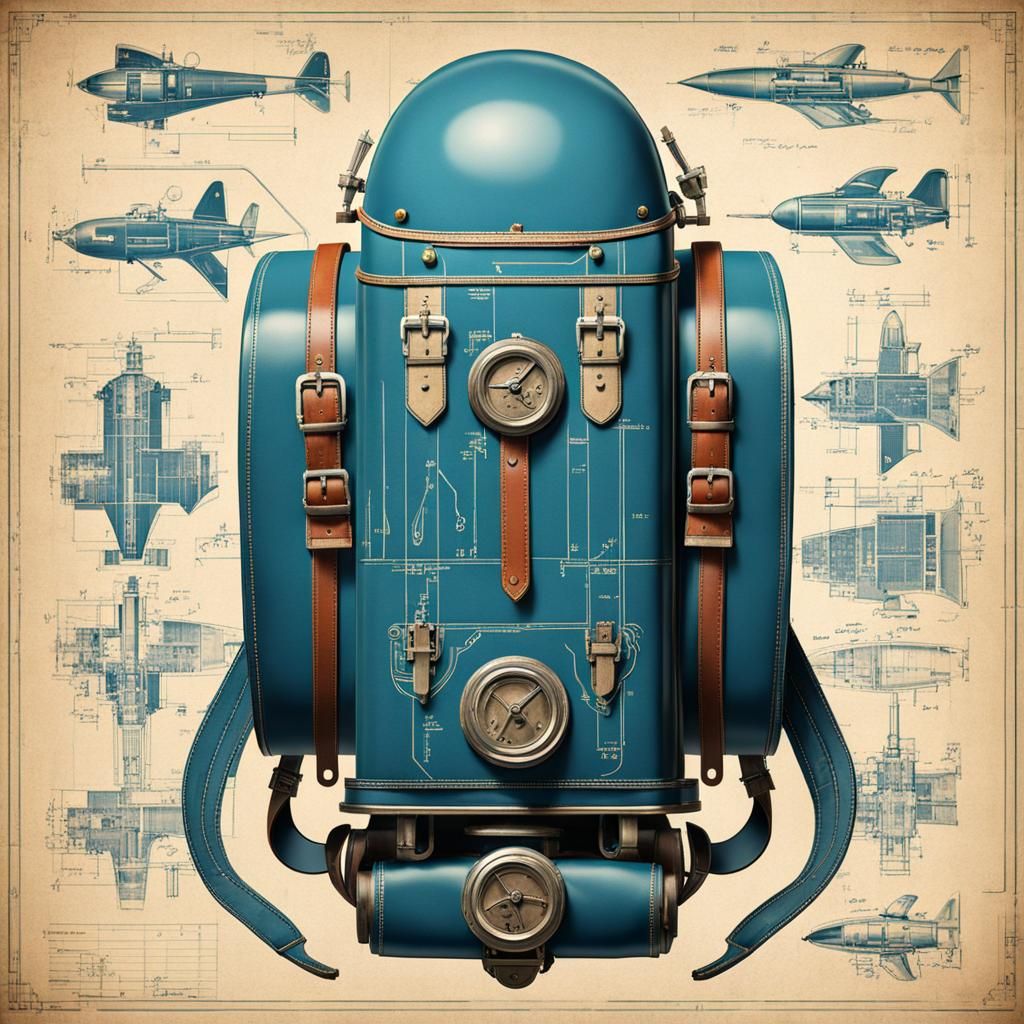 Art Deco Retro Jetpack Design with Blueprints